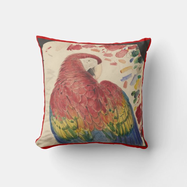 Antique Scarlet Macaw Parrot Drawing on Pillow (Front)