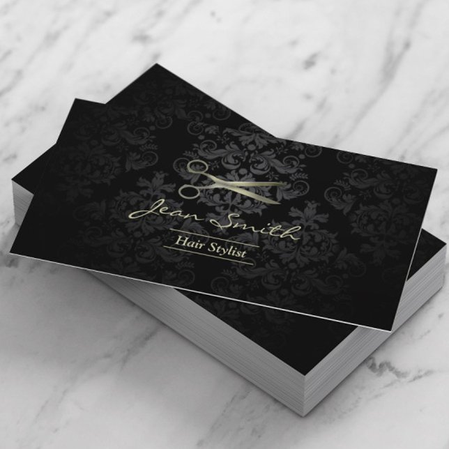 Antique Scissor Black & Gold Damask Hair Stylist Business Card (Creator Uploaded)