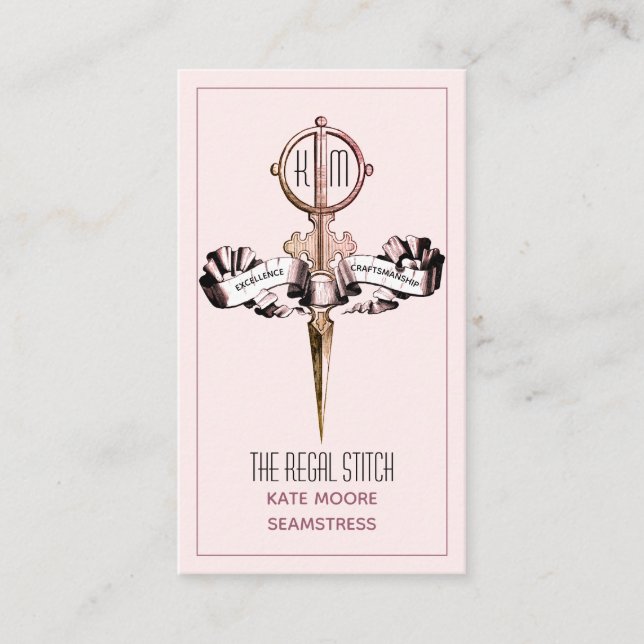 Antique Scissors And Banner Pink Seamstress Business Card (Front)