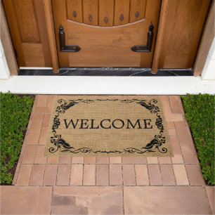 Antique Scroll Border Welcome On Faux Burlap Doormat