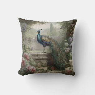Antique Secret Garden Peacock and Stone Stairs Cushion