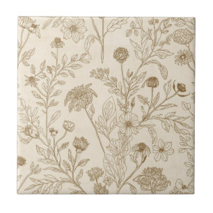 Antique Sepia Botanical Line Art Floral Pattern Ceramic Tile