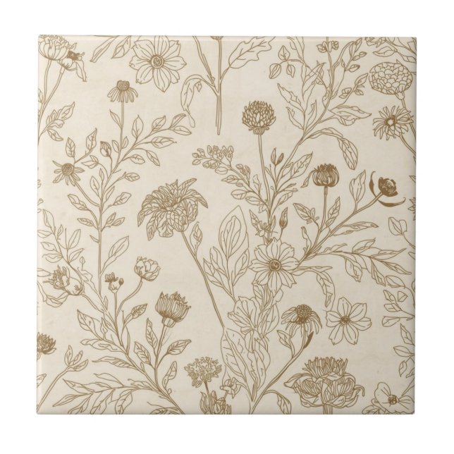 Antique Sepia Botanical Line Art Floral Pattern Ceramic Tile (Front)