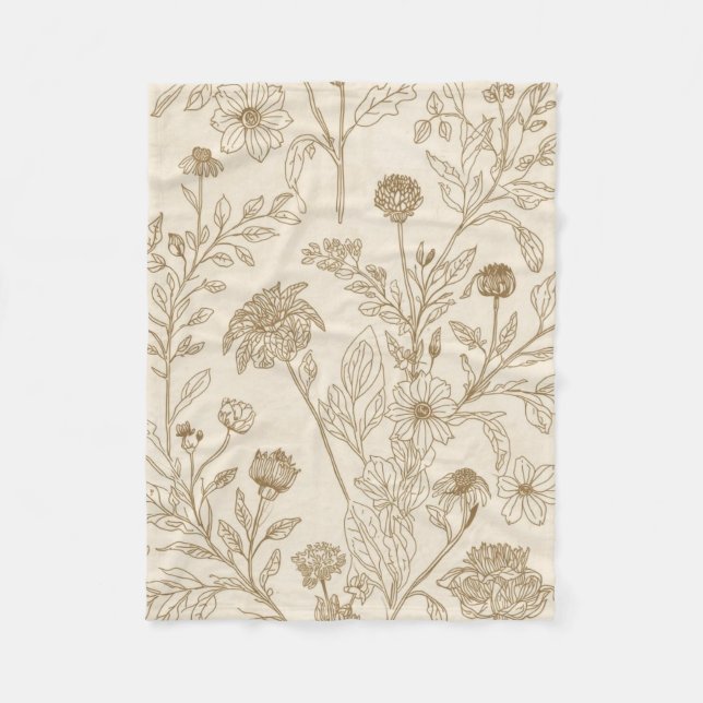 Antique Sepia Botanical Line Art Floral Pattern Fleece Blanket (Front)