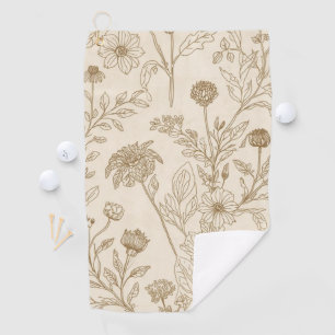 Antique Sepia Botanical Line Art Floral Pattern Golf Towel