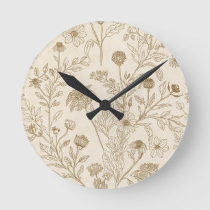 Antique Sepia Botanical Line Art Floral Pattern Round Clock