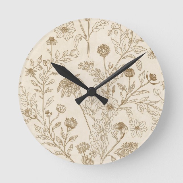 Antique Sepia Botanical Line Art Floral Pattern Round Clock (Front)