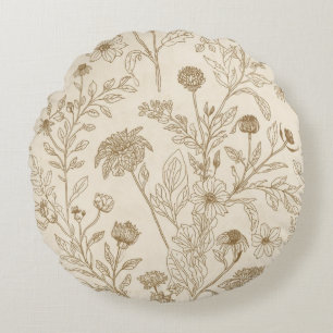 Antique Sepia Botanical Line Art Floral Pattern Round Cushion