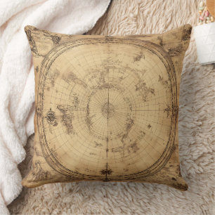 Antique Sepia Polar World Map Engraving Cushion