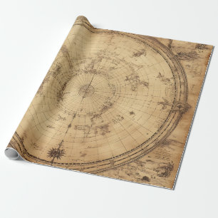 Antique Sepia Polar World Map Engraving Wrapping Paper