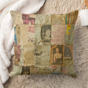 Antique Sepia Portrait Newspaper Scrapbook Cushion