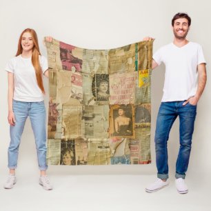 Antique Sepia Portrait Newspaper Scrapbook Fleece Blanket