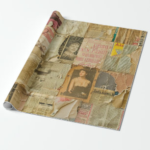 Antique Sepia Portrait Newspaper Scrapbook Wrapping Paper