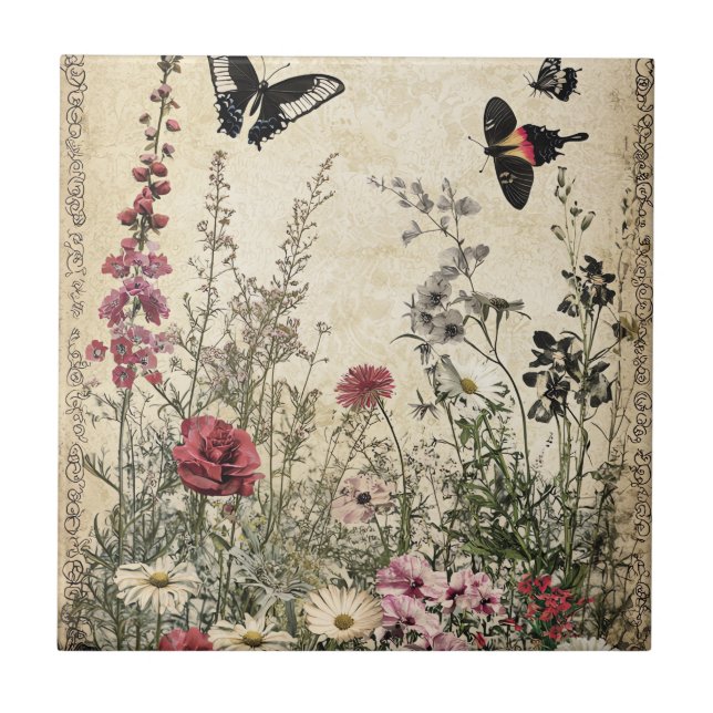 Antique Sepia Wildflower Meadow Butterfly Ceramic Tile (Front)