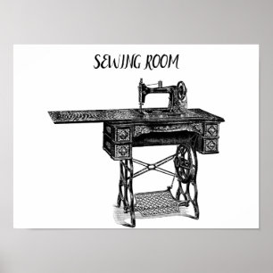 Antique sewing machine sewing room art poster
