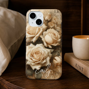 Antique Shabby Chic Cream Rose Collage Custom Name iPhone 15 Case