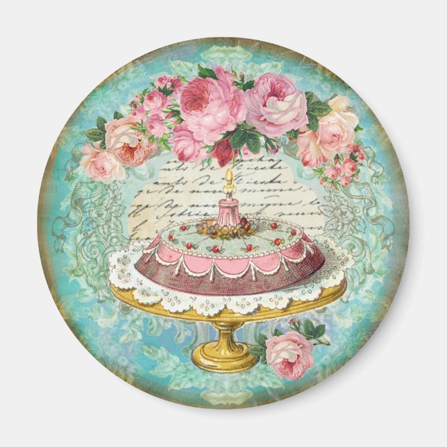 Antique Shabby Chic Roses & Cake French Patisserie Magnet (Front)