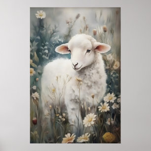 Antique Sheep Print, Lamb Easter Flower Farmhouse Poster
