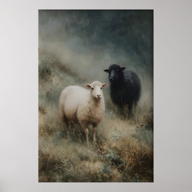 Antique Sheeps Print, Black Sheep Farmhouse Poster (Front)