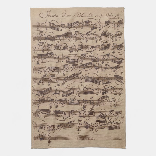 Antique Sheet Music Bach Manuscript Tea Towel (Vertical)