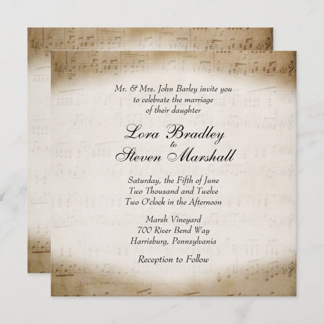 Antique Sheet Music Theme Wedding Invitation (Front/Back)