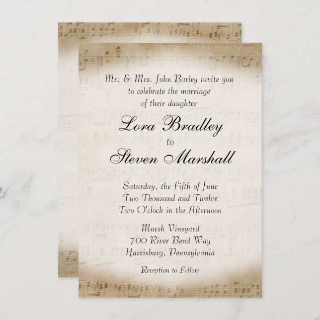 Antique Sheet Music Theme Wedding Invitation (Front/Back)