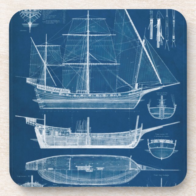 Antique Ship Blueprint I Coaster (Front)