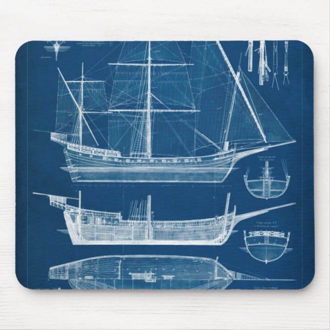 Antique Ship Blueprint I Mouse Pad (Front)