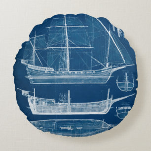 Antique Ship Blueprint I Round Cushion