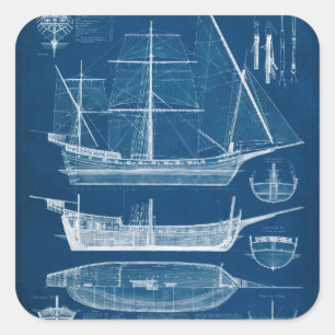 Antique Ship Blueprint I Square Sticker
