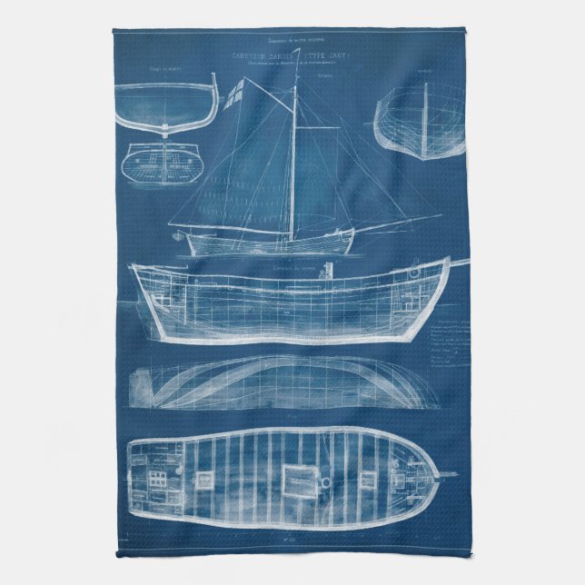 Antique Ship Blueprint II Tea Towel (Vertical)