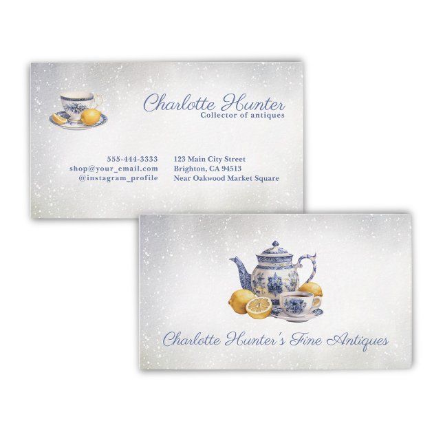 Antique shop Chinoiserie blue teapot lemons Business Card (Creator Uploaded)