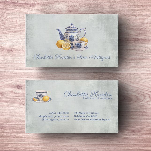 Antique shop Chinoiserie blue teapot lemons Business Card (Creator Uploaded)