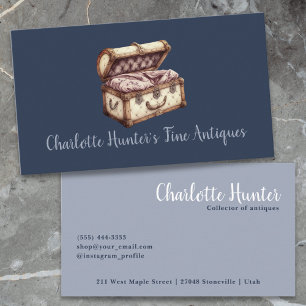 Antique shop, elegant vintage upholstery old trunk business card