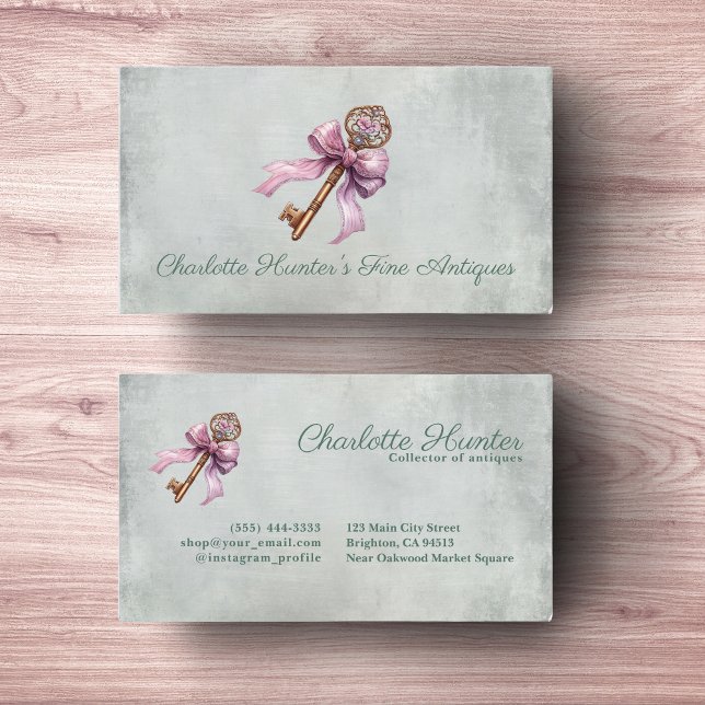 Antique shop interior design old key pink bow business card (Creator Uploaded)