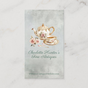 Antique shop ivory teapot & english roses vertical business card