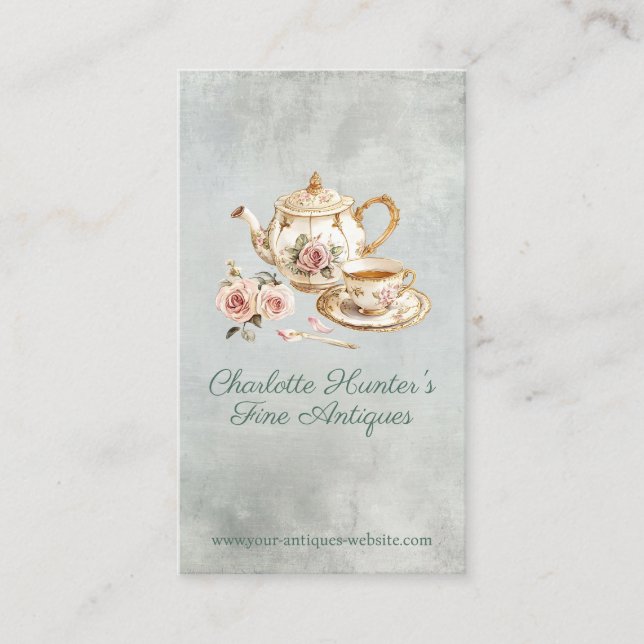 Antique shop ivory teapot & english roses vertical business card (Front)