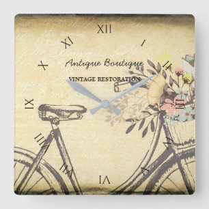 Antique Shop Vintage Restoration Floral Bicycle Square Wall Clock