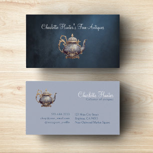 Antique shop, vintage tea pot, old gold and blue business card