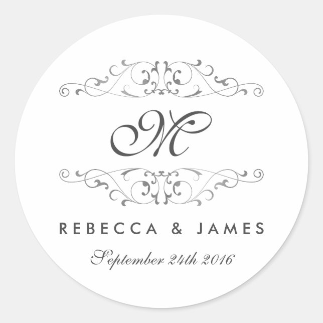Antique Silver Flourish Monogram Wedding Stickers (Front)
