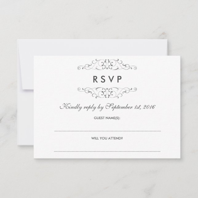 Antique Silver Flourish Wedding RSVP Card (Front)