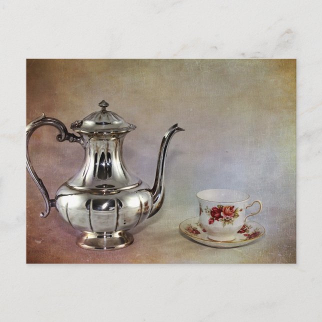 Antique Silver Tea Pot and Bone China Cup Postcard (Front)