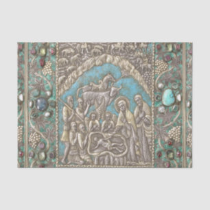 Antique Silver Turquoise Gems Nativity Scene  Tiss Tissue Paper