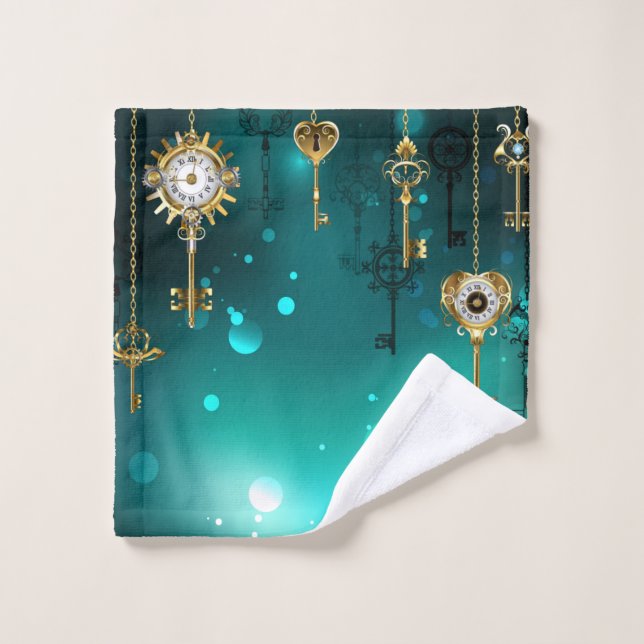 Antique Skeleton Keys on Green Background Bath Towel Set (Wash Cloth)