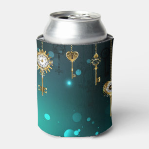 Antique Skeleton Keys on Green Background Can Cooler