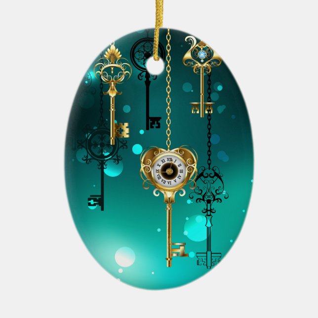 Antique Skeleton Keys on Green Background Ceramic Ornament (Front)