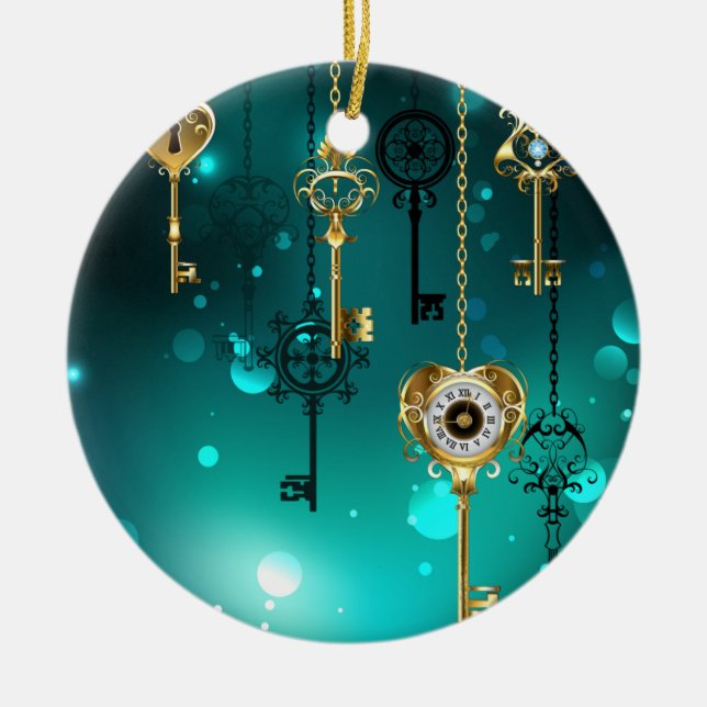 Antique Skeleton Keys on Green Background Ceramic Ornament (Front)