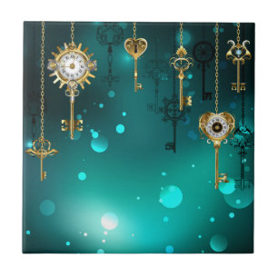 Antique Skeleton Keys on Green Background Ceramic Tile