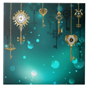 Antique Skeleton Keys on Green Background Ceramic Tile