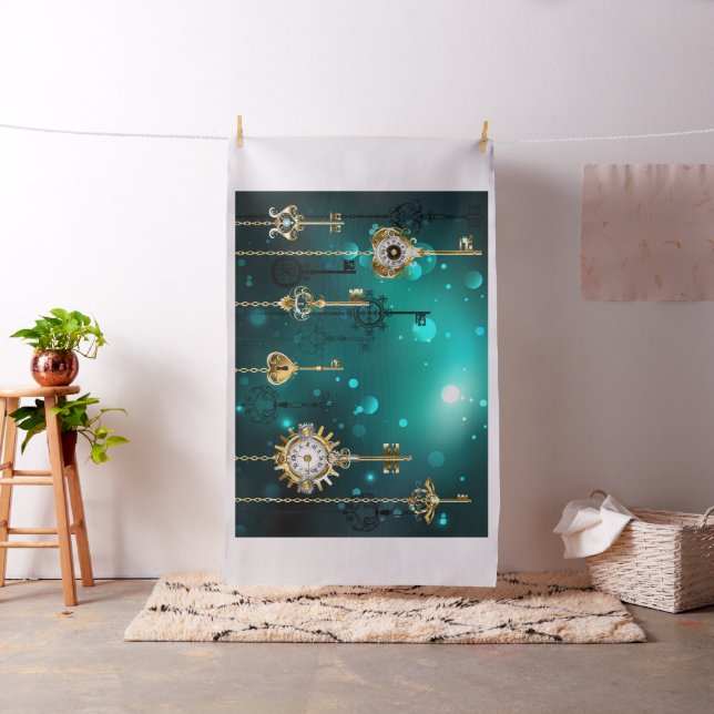 Antique Skeleton Keys on Green Background Fabric (In Situ)